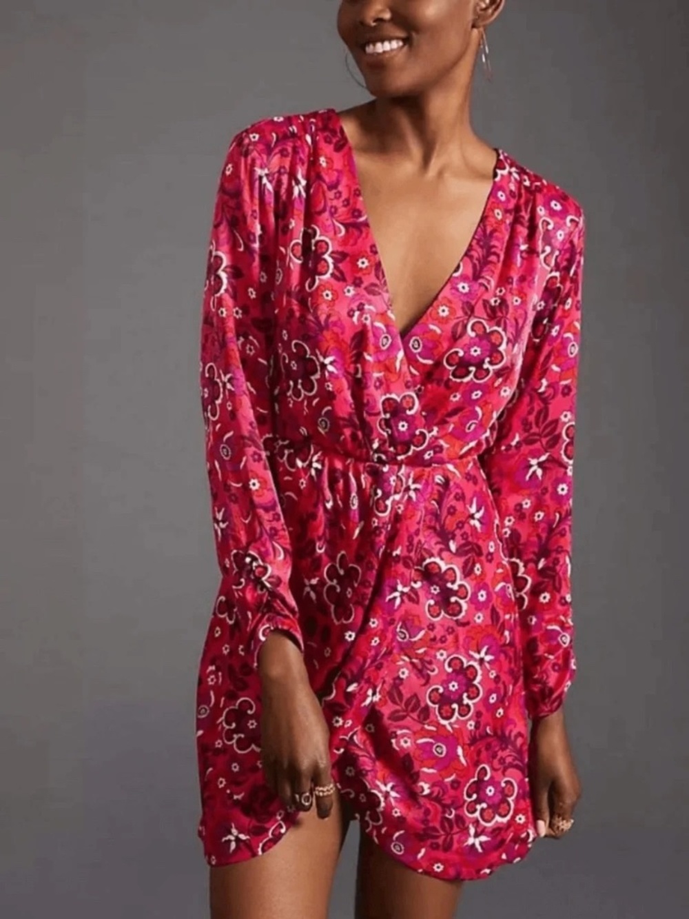Anthropologie Maeve Satin Long Sleeve Pink Floral Wrap Dress Size Medium